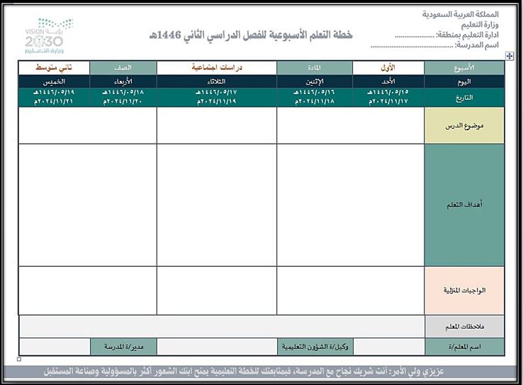 خطة التعليم الأسبوعية لمادة الدراسات الاجتماعية ثاني متوسط التربية الفكرية
