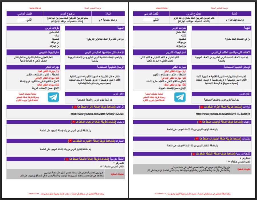 خطة التعليم الأسبوعية لمادة الدراسات الاجتماعية ثاني متوسط التربية الفكرية