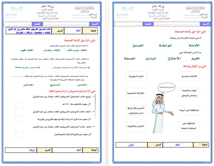 خطة التعليم الأسبوعية لمادة الدراسات الاجتماعية ثاني متوسط التربية الفكرية