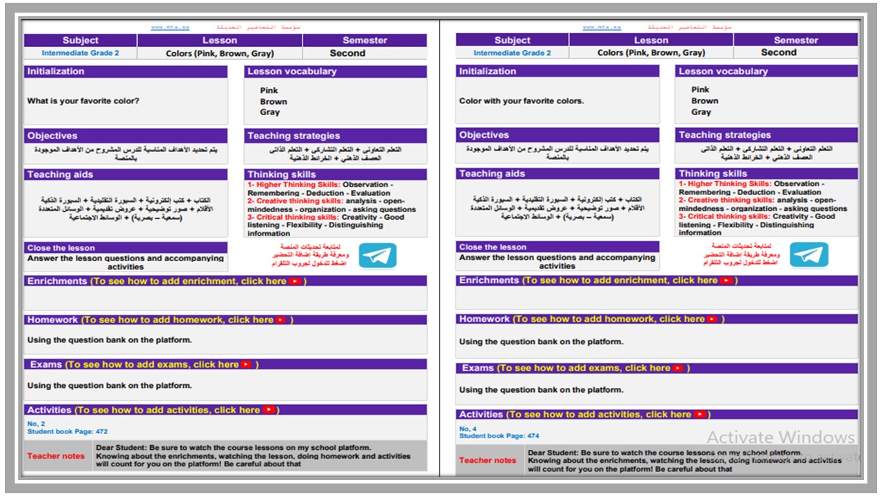 خطة التعليم الأسبوعية لمادة اللغة الإنجليزية ثاني متوسط التربية الفكرية