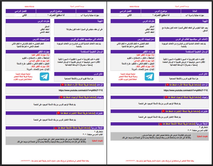 خطة التعليم الأسبوعية لمادة المهارات الحياتية سادس ابتدائي التربية الفكرية