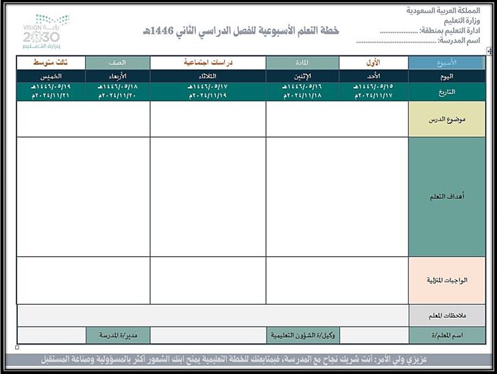 خطة التعليم الأسبوعية مادة دراسات اجتماعية ثالث متوسط التربية الفكرية