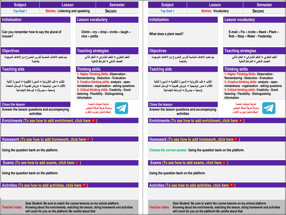 تحضير المنصة مادة توب جول سادس ابتدائي الفصل الثاني