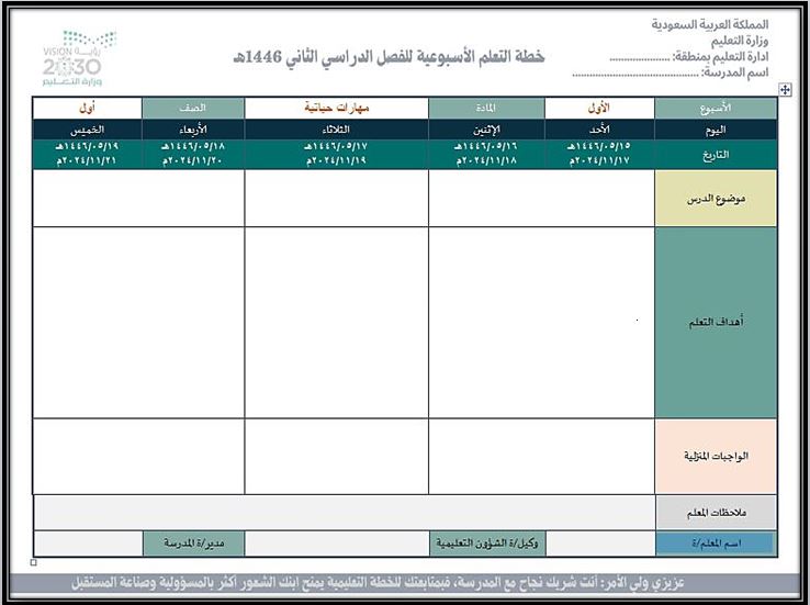 خطة التعليم الأسبوعية للمهارات الحياتية صف أول تعليم مستمر