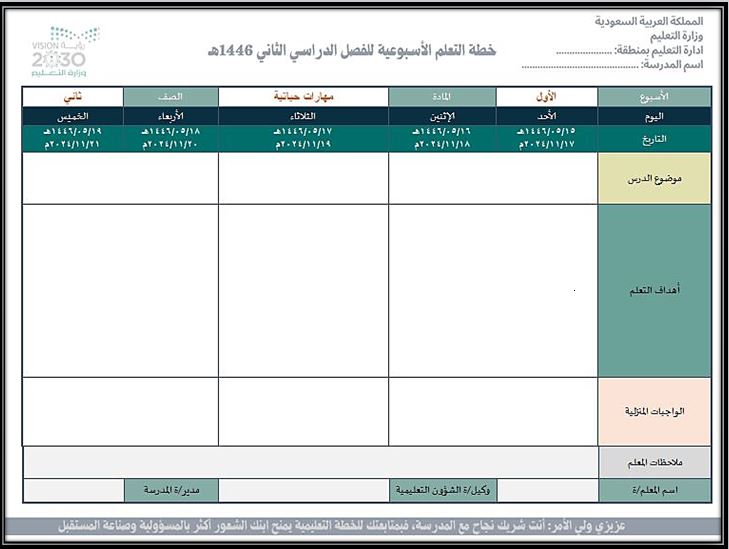 خطة التعليم الأسبوعية مهارات حياتية صف ثاني تعليم مستمر