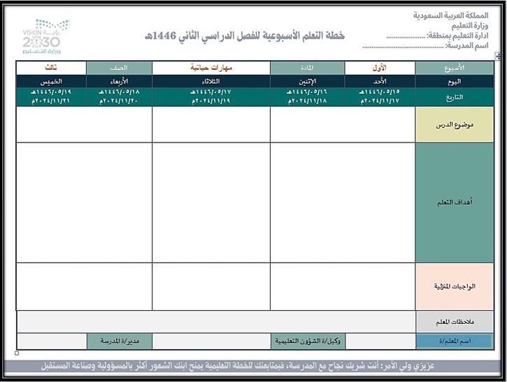 خطة التعليم الاسبوعية لمادة المهارات الحياتية صف ثالث تعليم مستمر