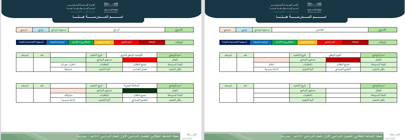 خطة النشاط الطلابي (متوسط) للفصل الدراسي الأول للعام الدراسي