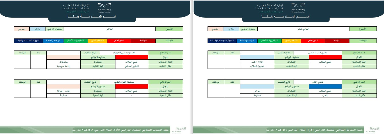 خطة النشاط الطلابي (ثانوي) الفصل الدراسي الأول للعام الدراسي