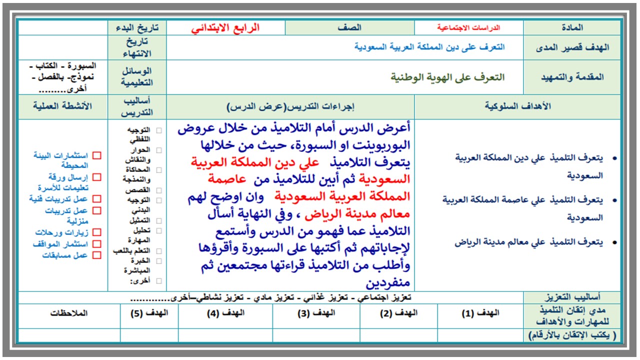 تحضير مادة التربية الاجتماعية للصف الرابع الابتدائي التربية الفكرية الفصل الدراسي الثاني 