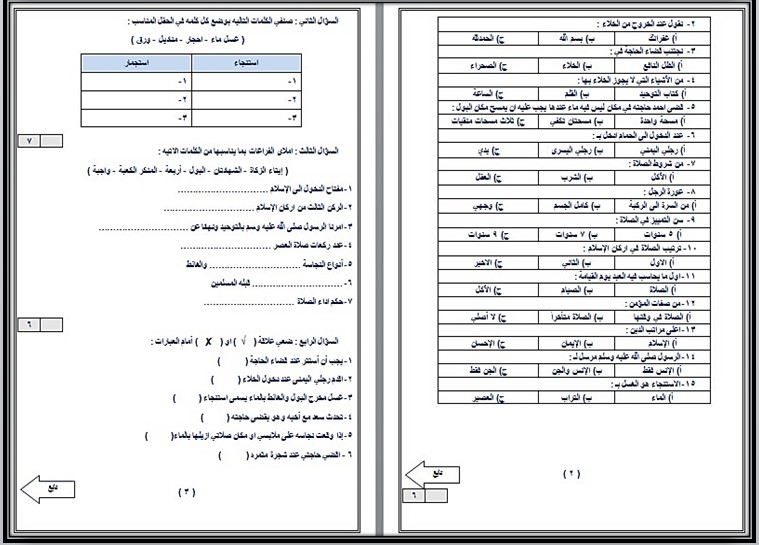 مهارات لمادة الدراسات الاسلامية الصف الثالث الابتدائي فصل دراسي أول