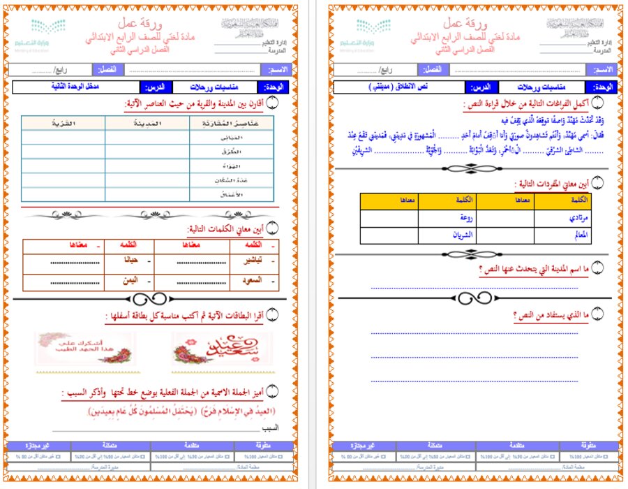 خريطة نواتج التعلم مادة لغتي الصف الرابع الابتدائي