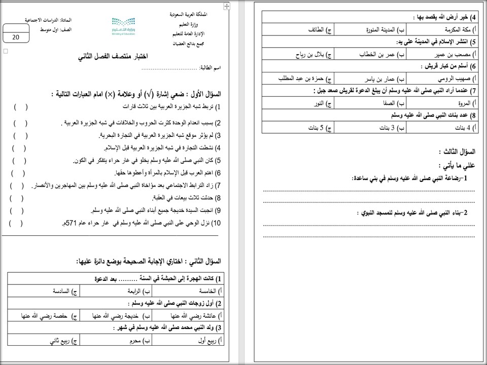 خريطة نواتج التعلم اجتماعيات الصف الأول متوسط
